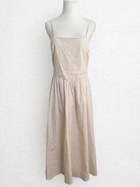 Japana NWT Cream Cotton Maxi Dress L Smocked Back Basque Waist